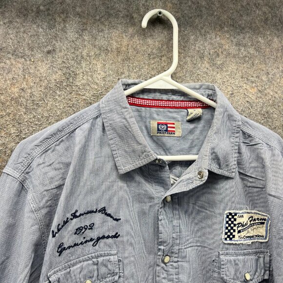 Phat Farm Shirt Men XL Gray Striped Pearl Snap Embroidered Patches Motorcycle - Picture 6 of 11